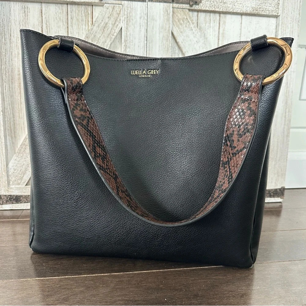 Luella Grey London Isadora Hobo Tote Black Snake Skin Handle Gold Accents